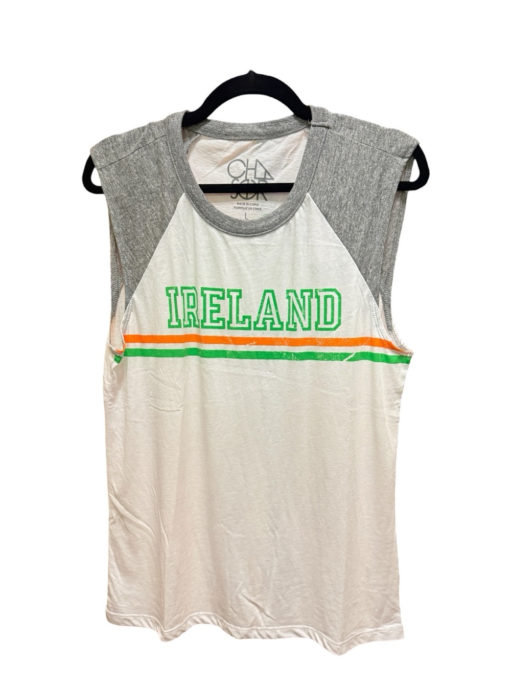 Chaser Ireland 01 Sleeveless Graphic T-Shirt White Gray Green L NWT